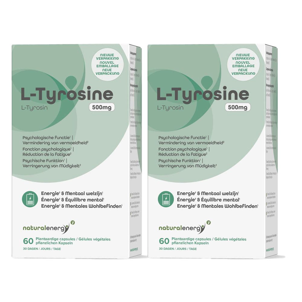 Deux boîtes vertes avec texte blanc. "L-Tyrosine 500mg" en haut. Texte multilingue en dessous. "naturalenergy" en bas.