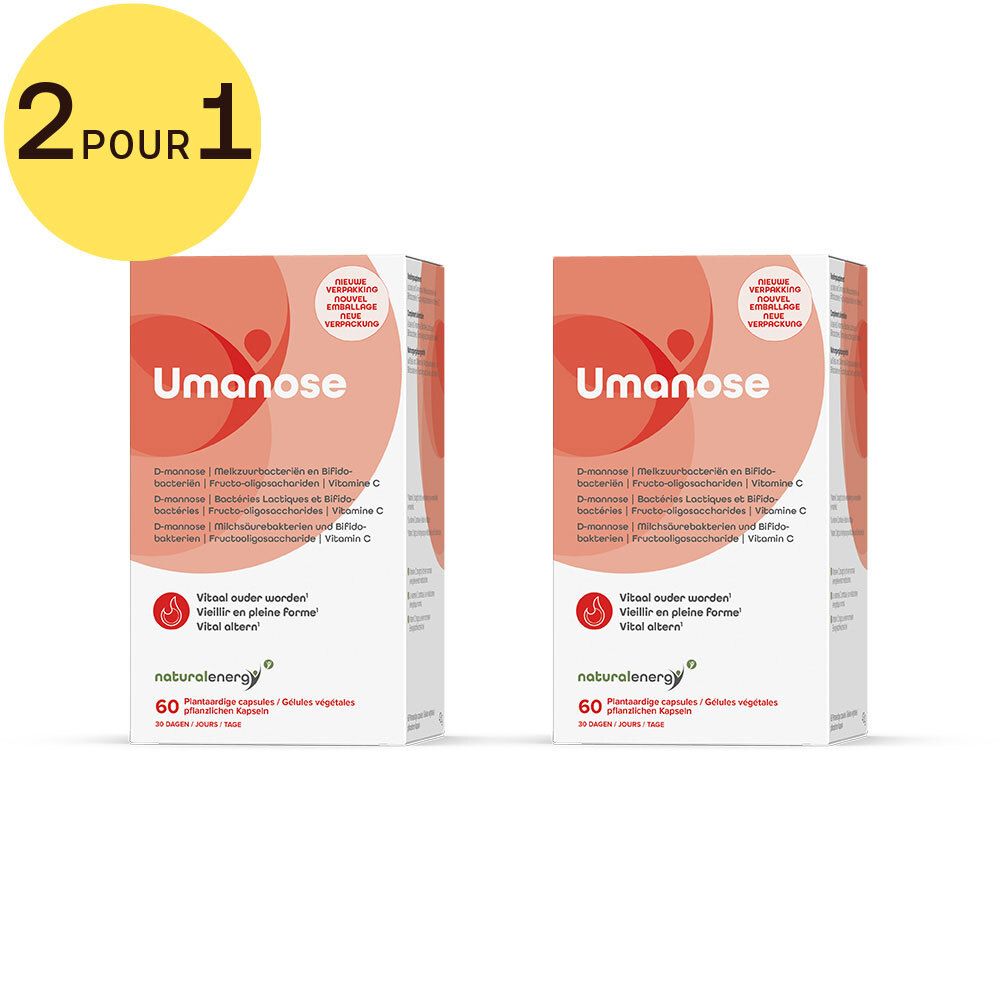 Deux boîtes blanches "Umanose" et "naturalenergy". Inscriptions multilingues. 60 gélules. Cercle jaune "2 pour 1".