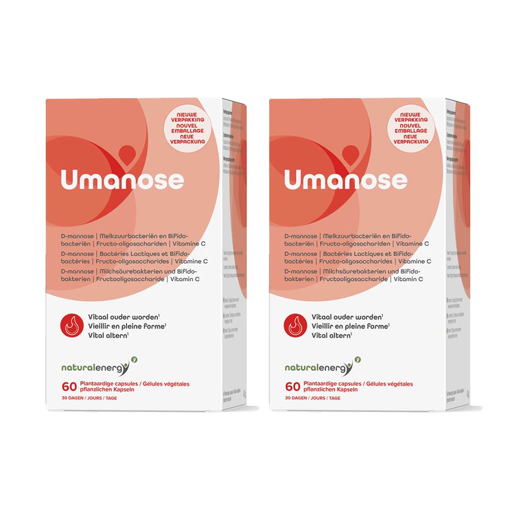 Deux boîtes blanches "Umanose" et "naturalenergy". Inscriptions multilingues. 60 gélules.