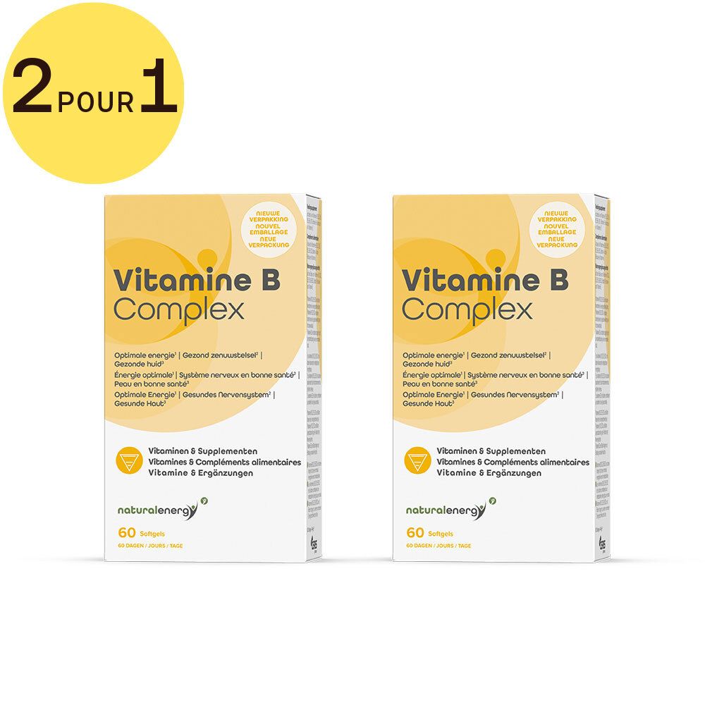 Deux boîtes de Vitamine B Complex avec étiquette jaune 2 pour 1. Emballage jaune avec texte blanc. 60 gélules. Marque : naturalenergy.