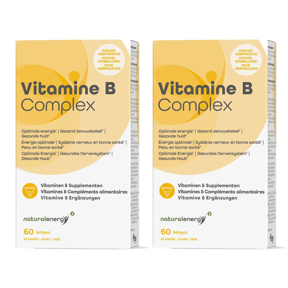 Zwei Packungen Vitamin B Complex. Gelbe Verpackung mit weißer Schrift. Enthält 60 Softgels. Marke: naturalenergy.