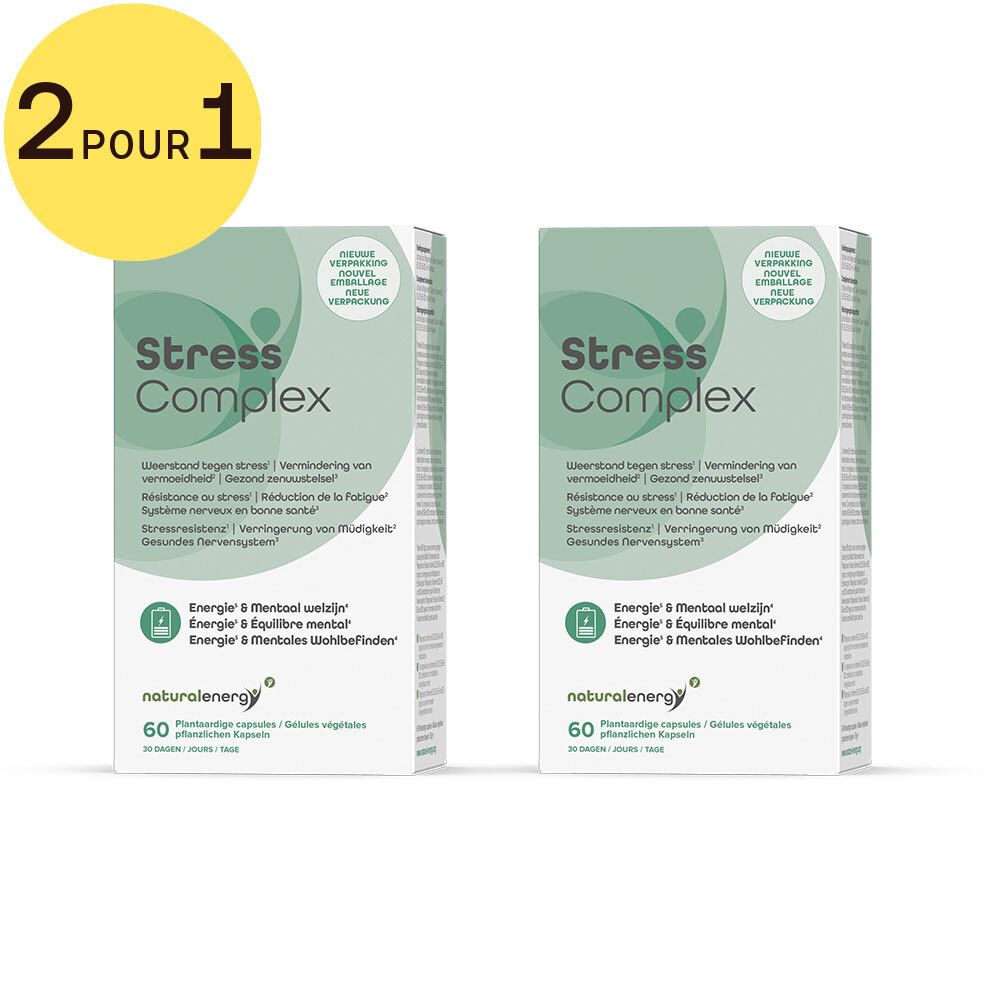 Deux boîtes "Stress Complex" avec texte vert et logo. Contient 60 capsules. Inscription : "Natural Energy". Cercle jaune avec "2 pour 1".
