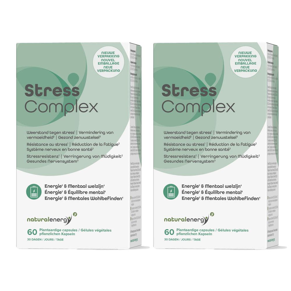 Deux boîtes de "Stress Complex" avec texte vert et logo. Contient 60 capsules. Inscription : "Natural Energy".