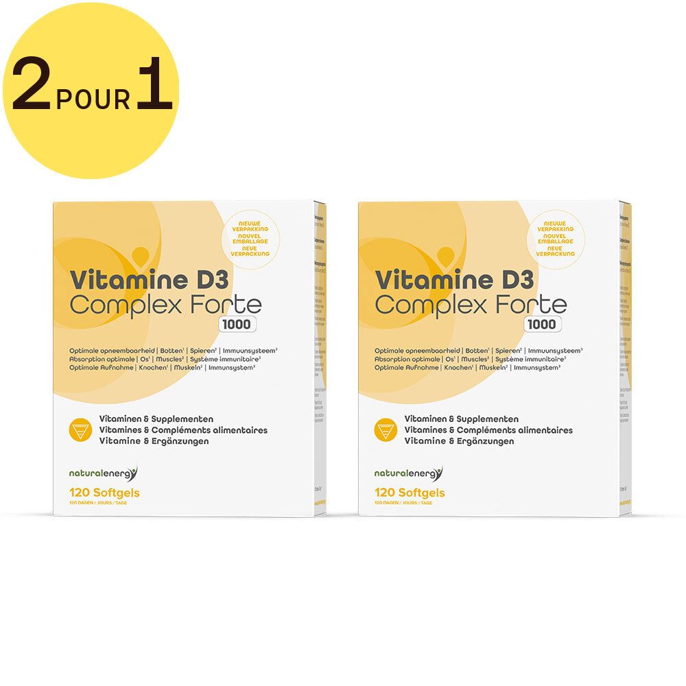 Deux boîtes de Vitamine D3 Complex Forte 1000. Inscription: Vitamines & Compléments alimentaires, 120 gélules. Emballage jaune et blanc. Avec cercle jaune '2 pour 1'.