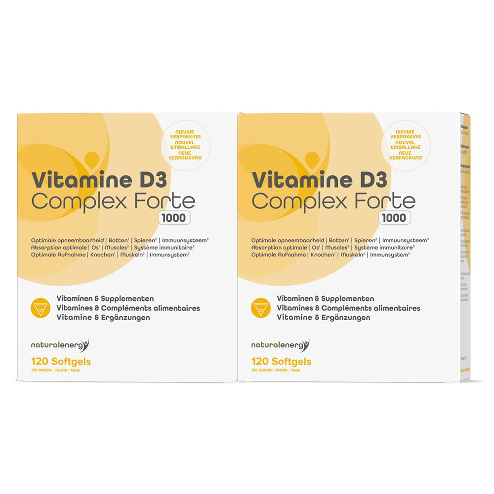 Zwei Schachteln Vitamin D3 Complex Forte 1000. Aufschrift: Vitaminen & Supplementen, 120 Softgels. Gelbe und weiße Verpackung.