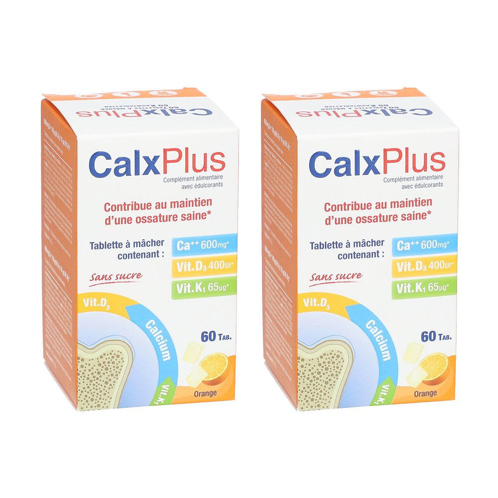 Zwei Schachteln CalxPlus, orangefarbenes Design. Enthält Calcium, Vitamin D und K. Mit 60 Tabletten. Ohne Zucker.