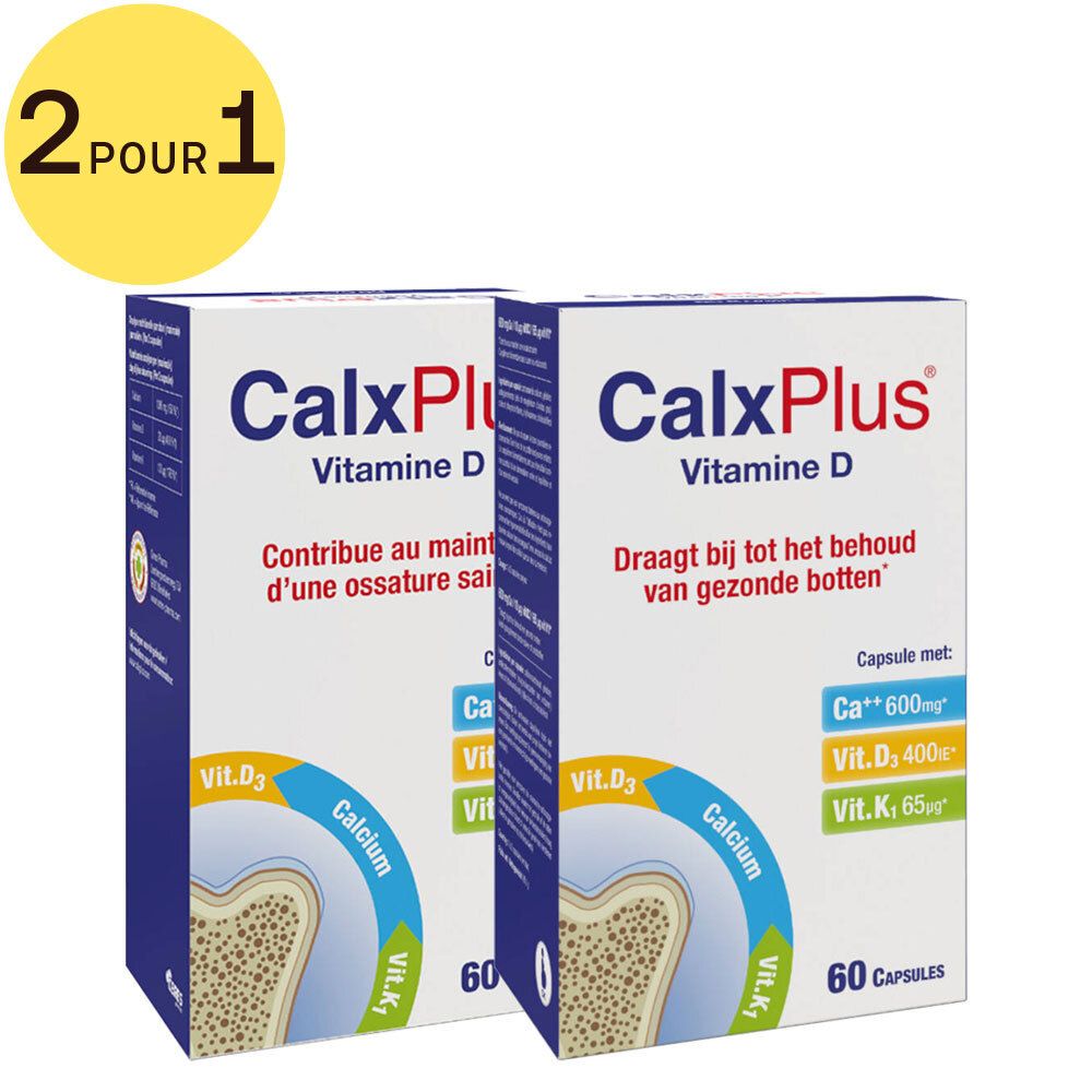 Deux boîtes de CalxPlus Vitamine D avec '2 pour 1'. Inscription: 60 gélules, Calcium, Vitamine D, Vitamine K. Emballage bleu et blanc.