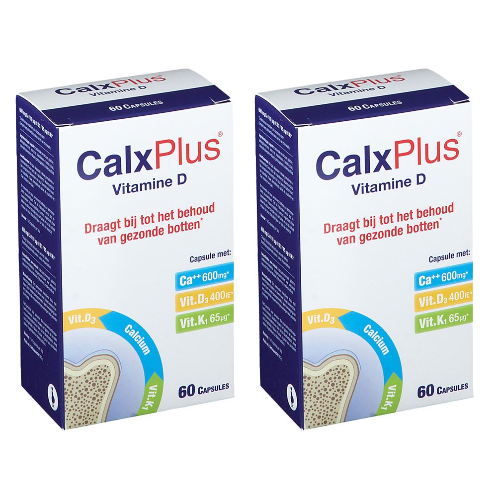 Deux boîtes de CalxPlus Vitamine D. Inscription: 60 gélules, Calcium, Vitamine D, Vitamine K. Emballage bleu et blanc.