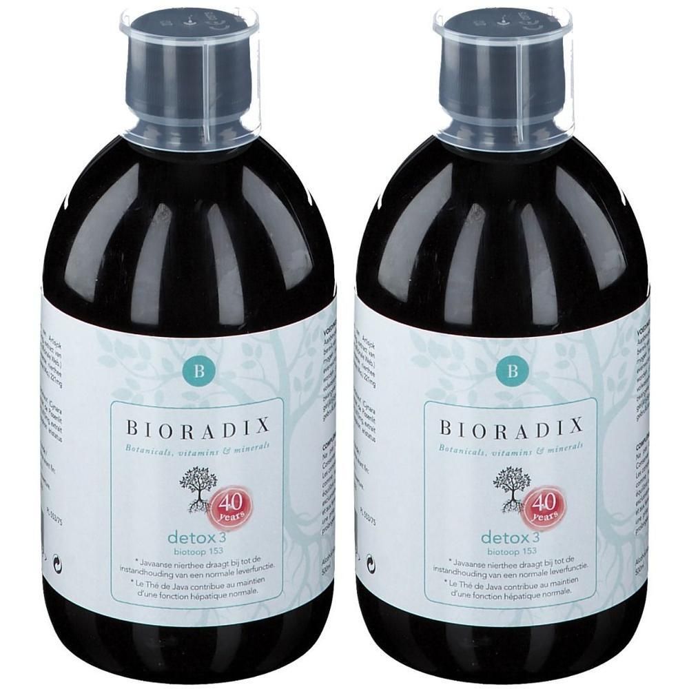 Zwei Flaschen Bioradix Detox 3, dunkle Flüssigkeit, mit Etikett und Schraubverschluss.