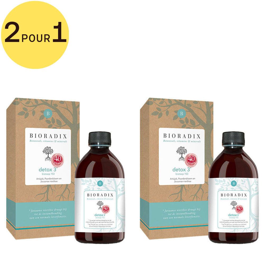 Deux bouteilles et deux boîtes "Bioradix Detox 3". Emballage marron, étiquettes blanches. Cercle jaune avec "2 pour 1".