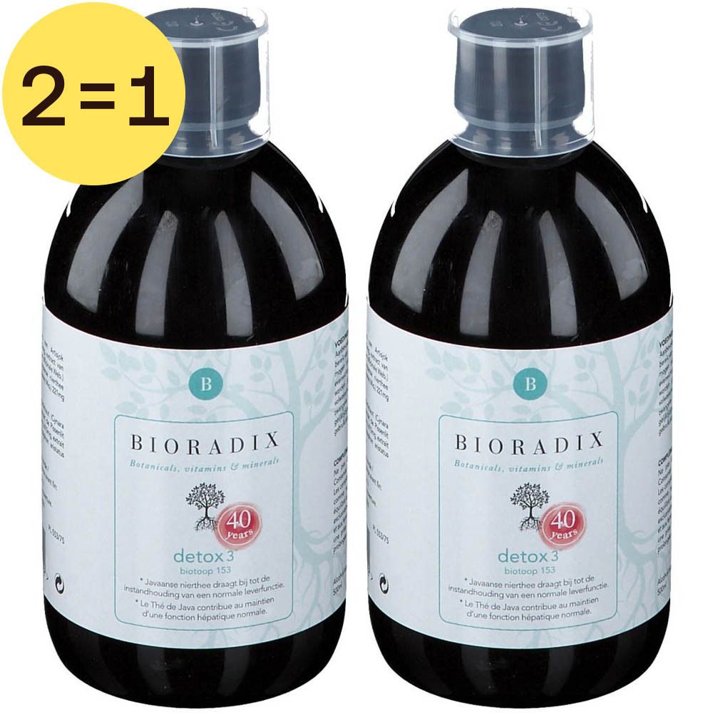 Zwei Kartons mit "Bioradix Detox 3". Braune Verpackung mit Baum-Motiv, weißem Etikett und Text. "40 Jahre"-Logo.
