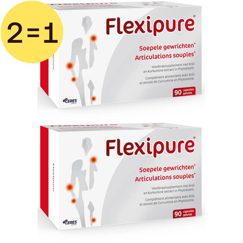 Deux boîtes blanches Flexipure avec texte rouge et illustrations. Texte : 'Soepele gewrichten' et 'Articulations souples'.