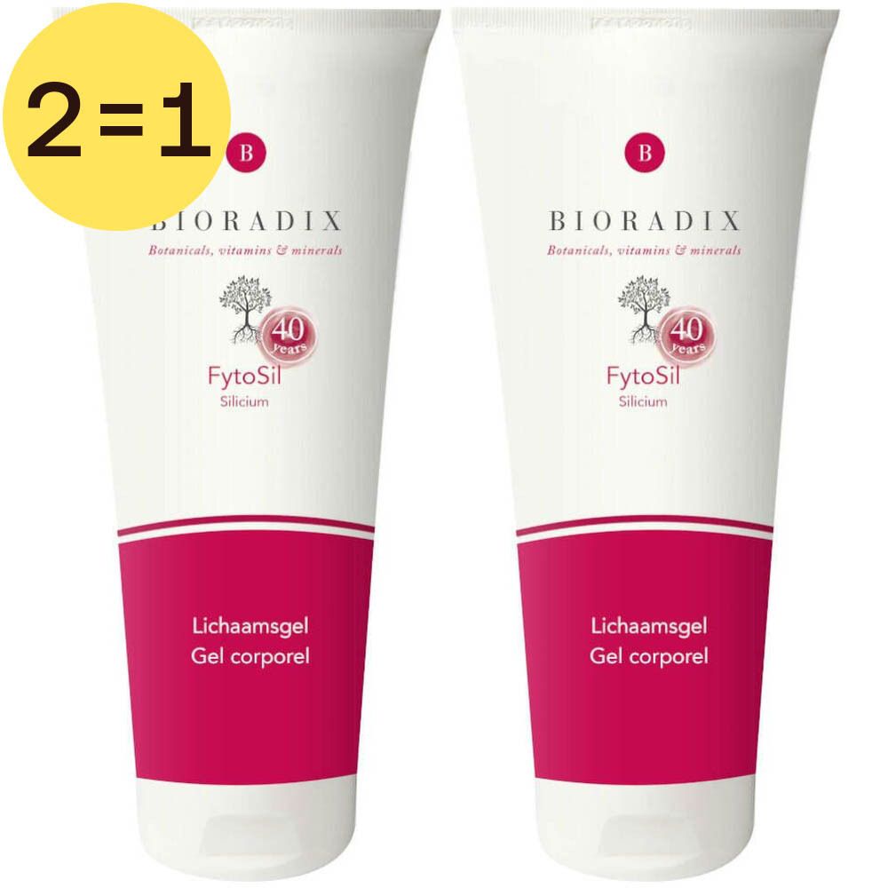 Deux tubes de gel Bioradix FytoSil Silicium. Blanc, avec une bande rose et texte. Marque et nom du produit clairement visibles.