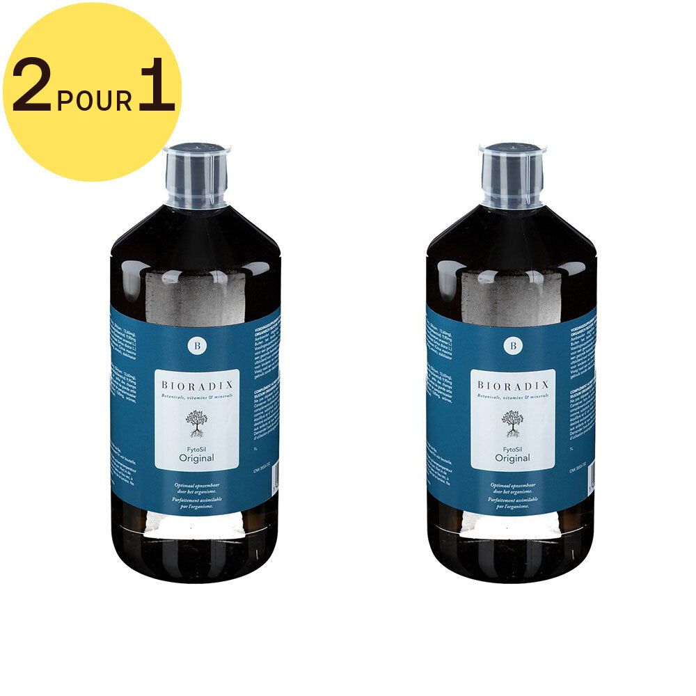 Deux bouteilles de Bioradix FytoSil Original. Étiquettes bleues avec nom et logo. Étiquette jaune "2 POUR 1".
