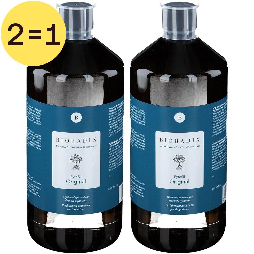 Zwei Flaschen Bioradix FytoSil Original. Blaue Etiketten mit Produktnamen und Logo. Gelbes Etikett mit "2=1".
