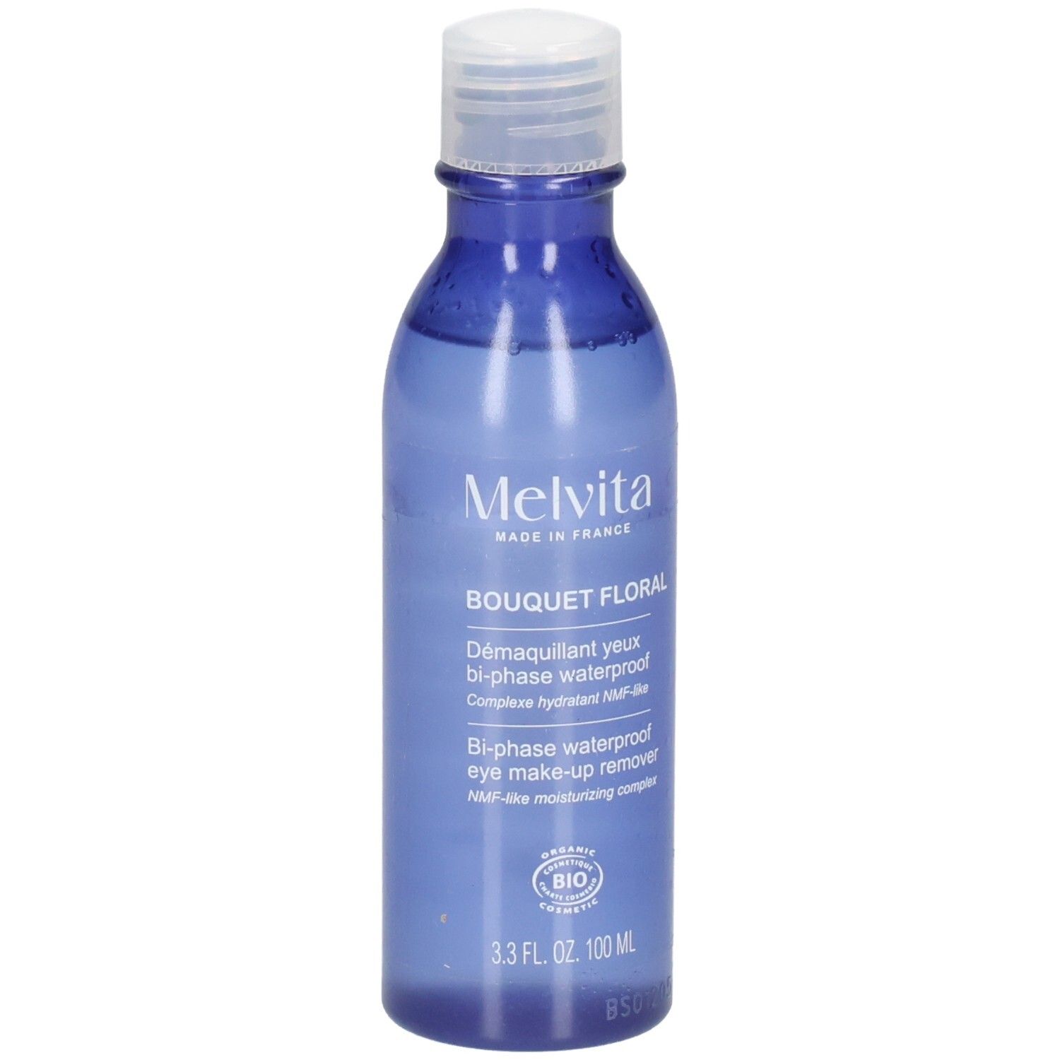 Melvita Augen Make-up Entferner, 100 ml, blaue Flasche.