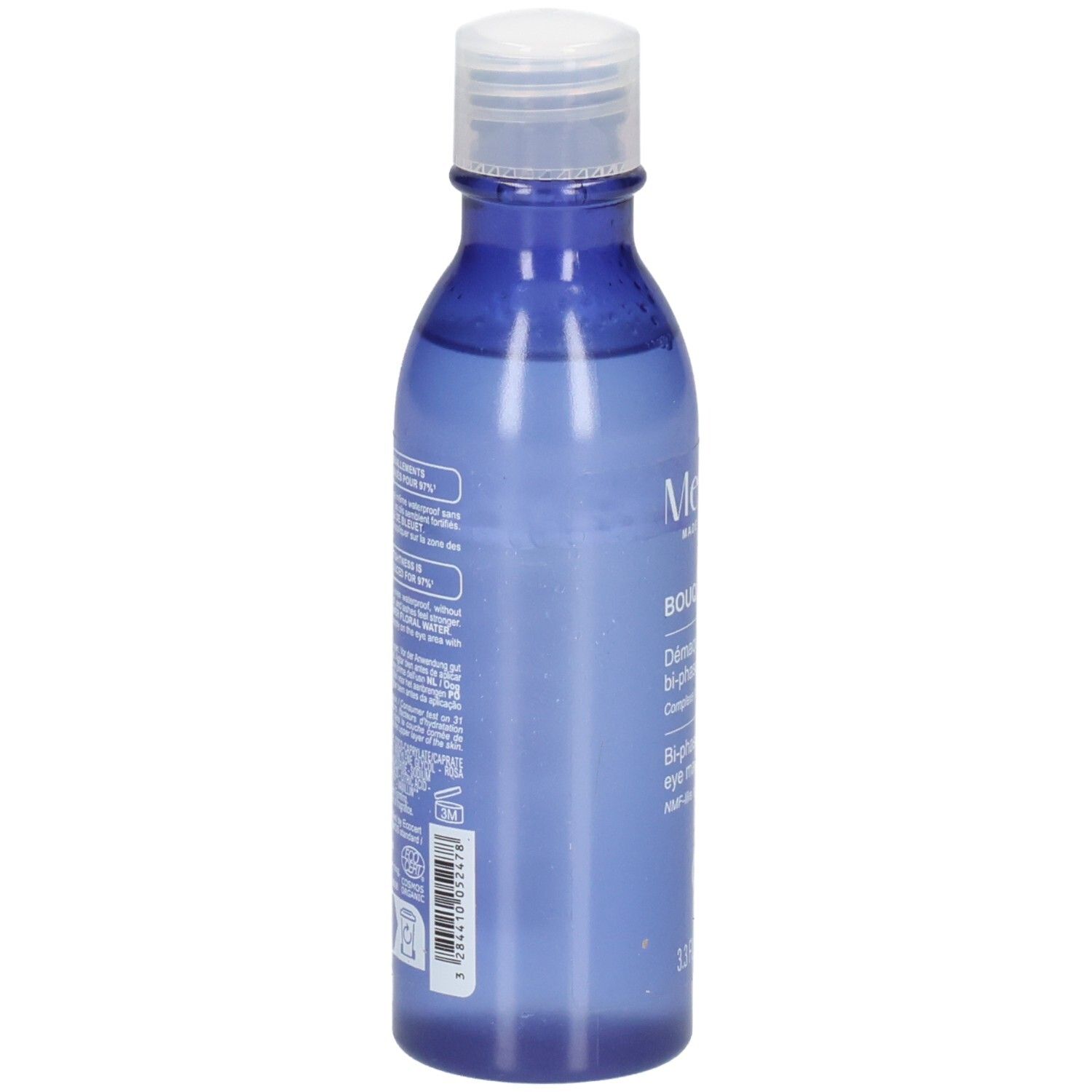 Rückseite Melvita Augen Make-up Entferner, 100 ml, blaue Flasche.
