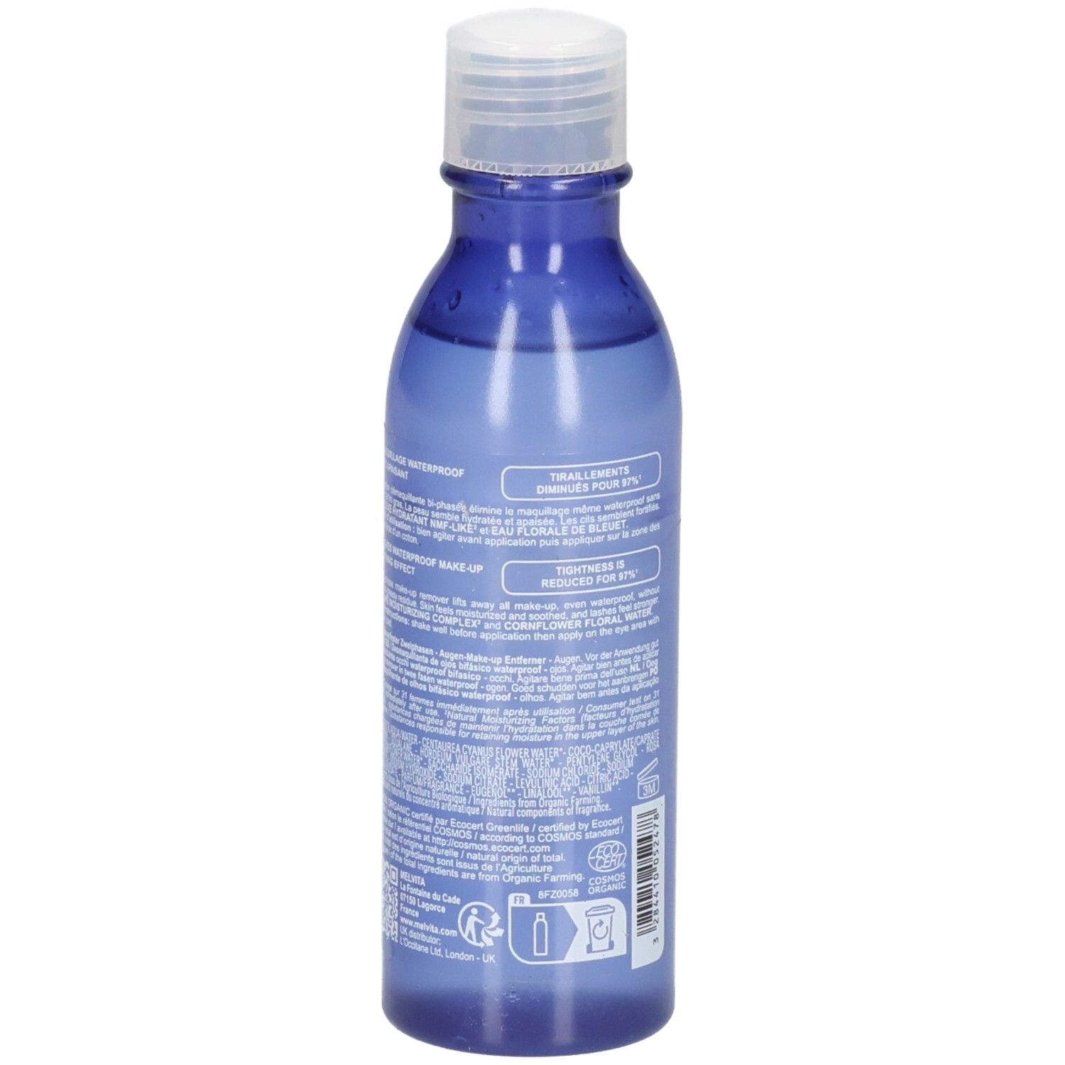 Rückseite Melvita Augen Make-up Entferner, 100 ml, blaue Flasche.