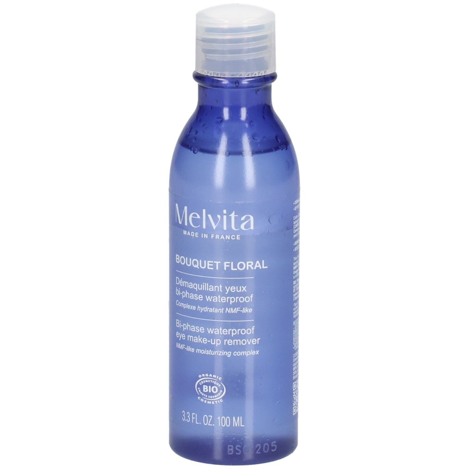 Melvita Augen Make-up Entferner, 100 ml, blaue Flasche.