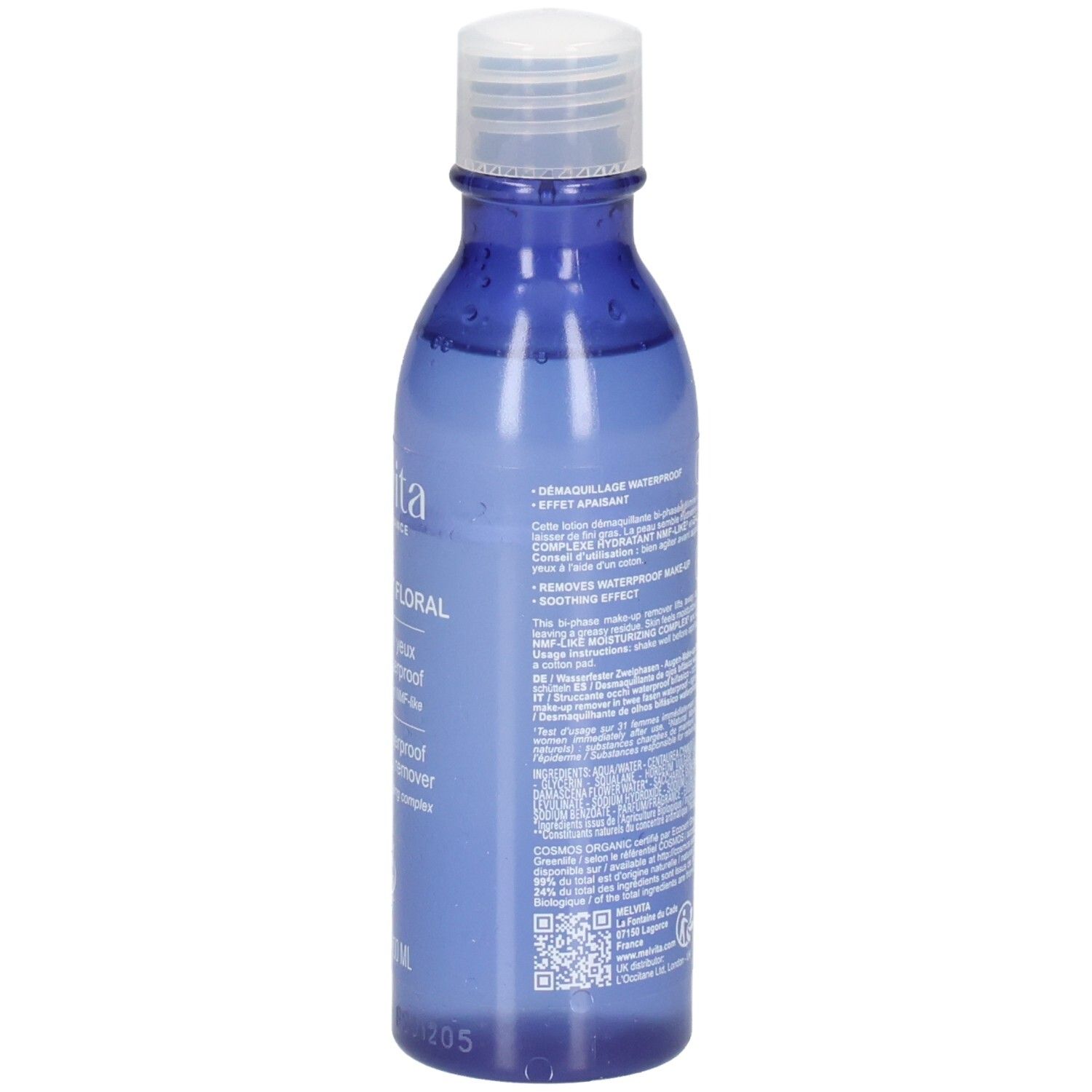 Rückseite Melvita Augen Make-up Entferner, 100 ml, blaue Flasche.