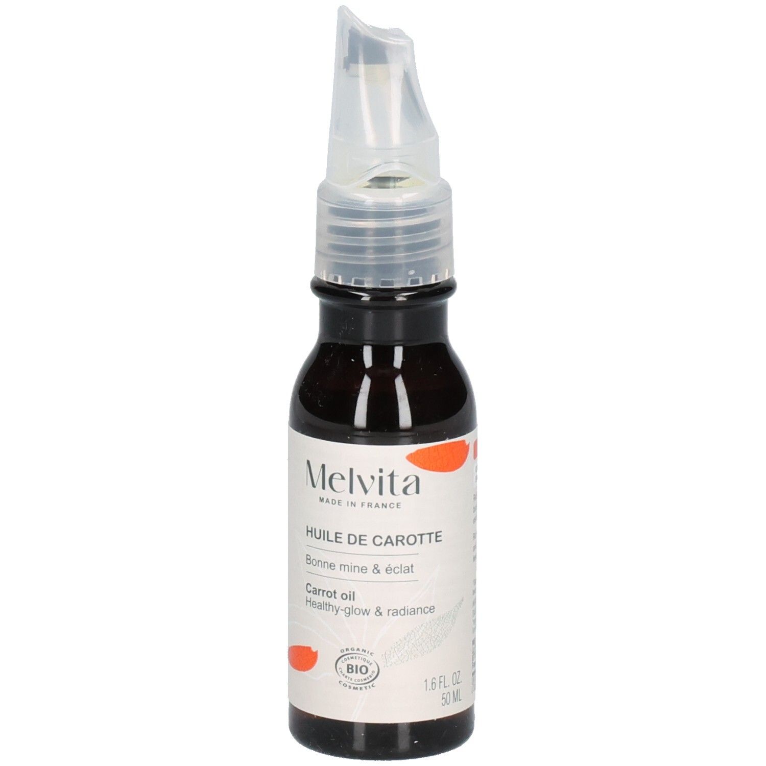 Melvita Karottenöl Flasche mit Etikett, Bio-Siegel und 50 ml Angabe.