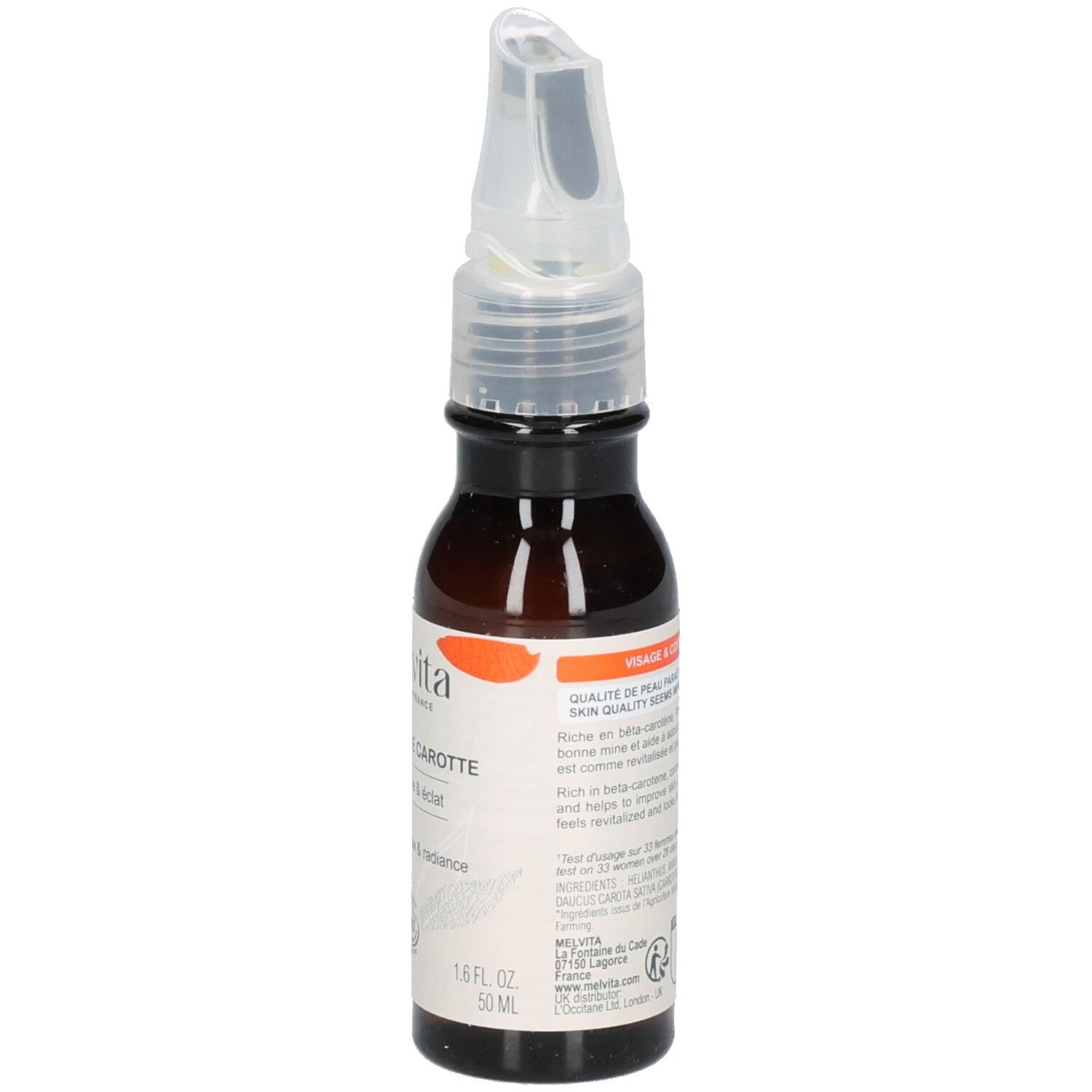Melvita Karottenöl Flasche, Seitenansicht mit Etikett und Bio-Siegel.