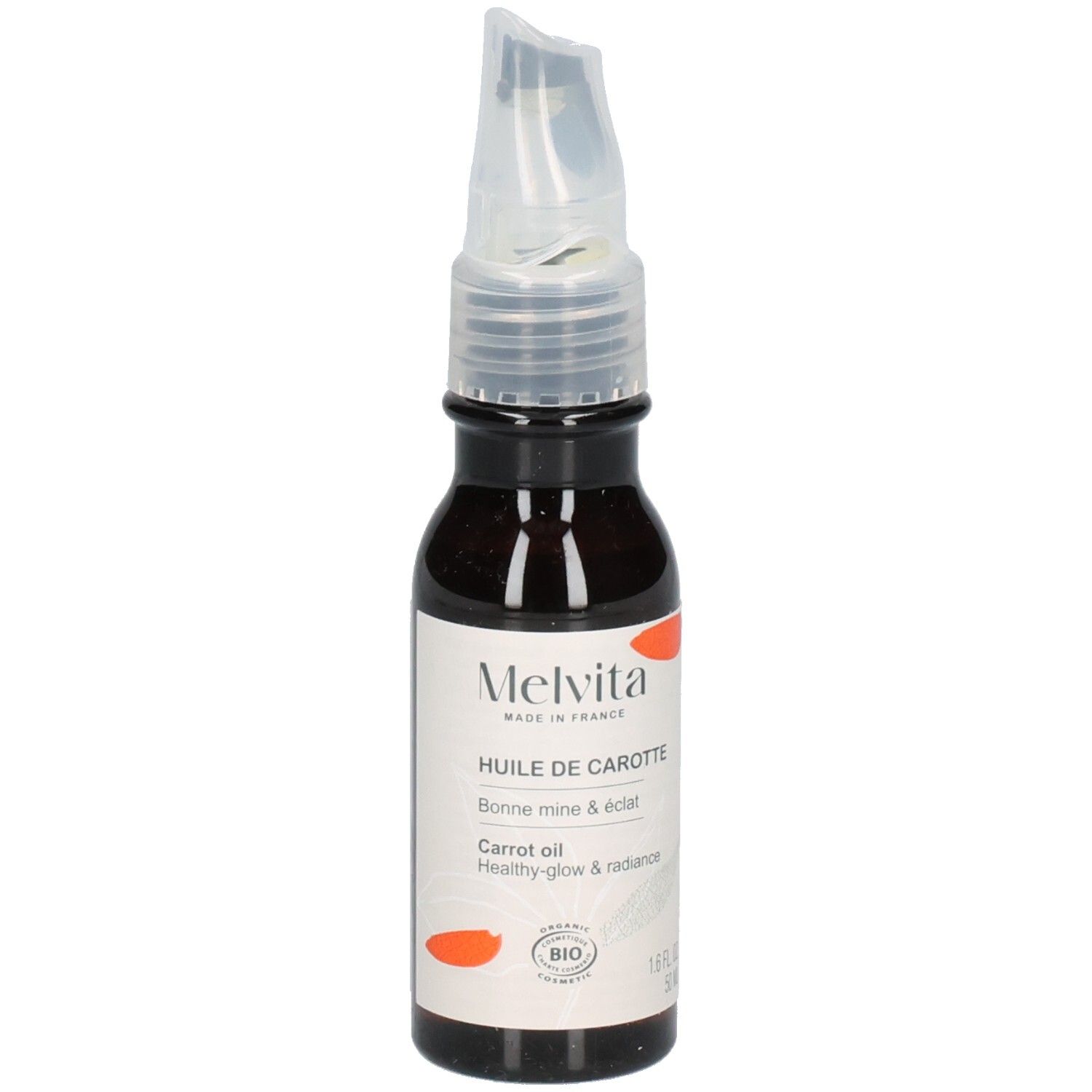 Melvita Karottenöl Flasche mit Etikett, Bio-Siegel und 50 ml Angabe.