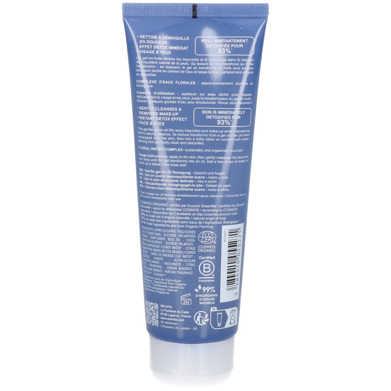 Rückseite der blauen Tube. Text in mehreren Sprachen. Aufschrift: Nettoie & démaquille, Detox-Effekt, 99% Inhaltsstoffe natürlichen Ursprungs.