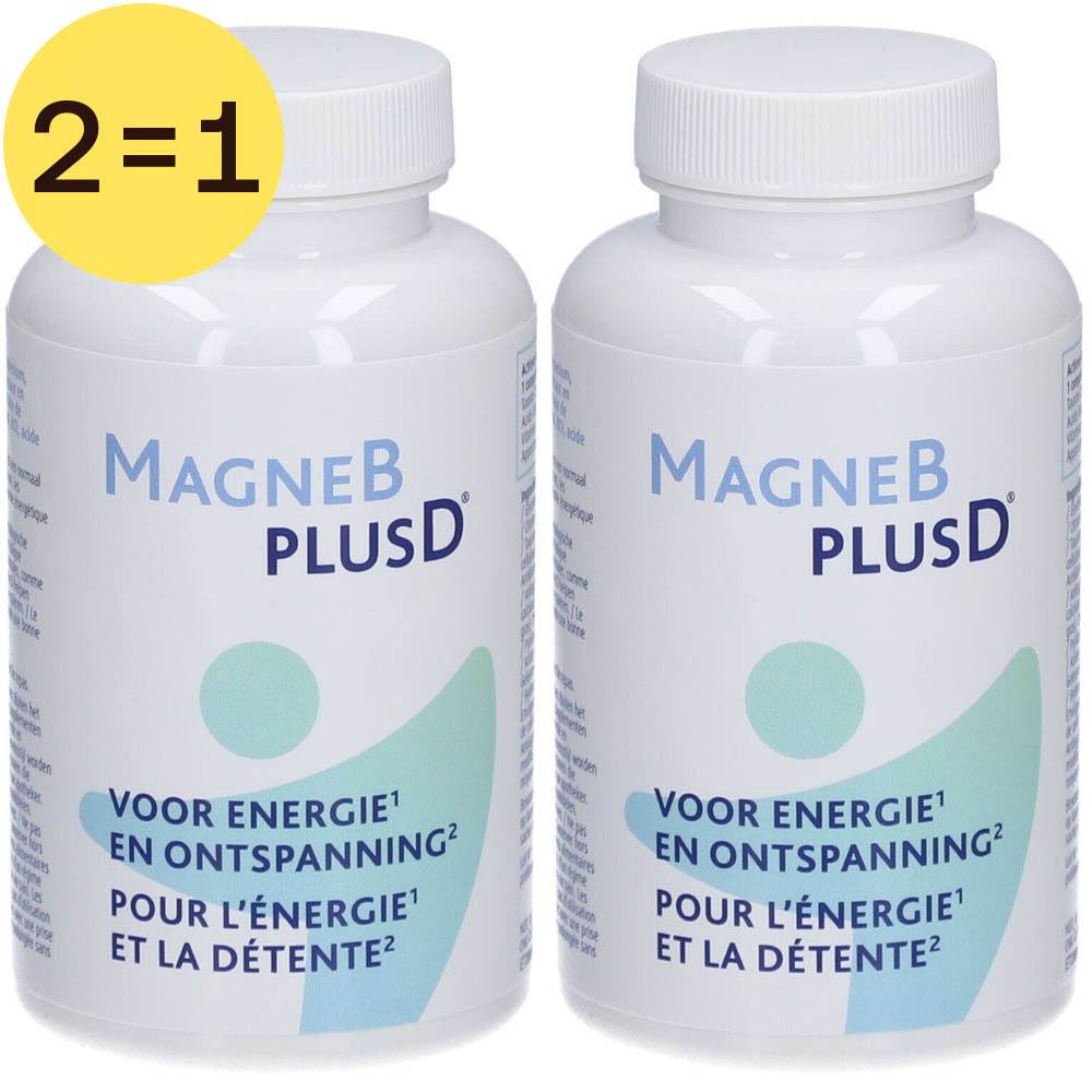 Zwei Schachteln MagneBplusD®, weiß mit blauer Schrift. Enthält 120 Tabletten. Aufschrift: Pour l'énergie et la détente.