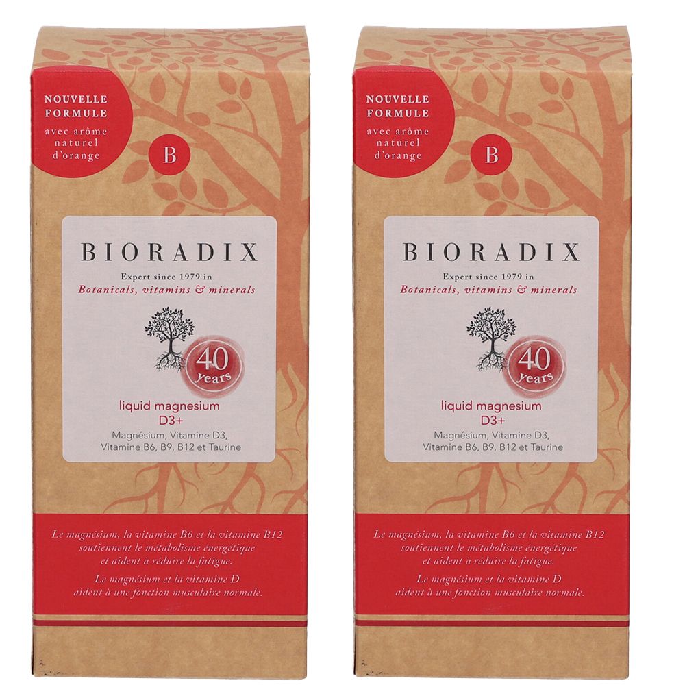 Deux boîtes de Bioradix Liquid Magnesium D3+. Inscription : Botanicals, vitamines et minéraux. Avec logo 40 ans.