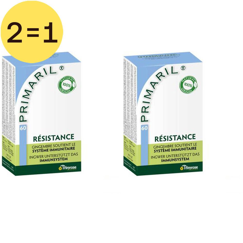 Deux boîtes de Primaril avec 'RESISTANCE' et logos verts. Chaque boîte affiche '60'. Cercle jaune avec '2=1'.