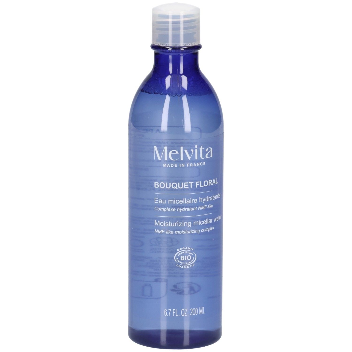 Melvita Eau Micellaire Douce Détox, blaue Flasche mit weißem Verschluss. Enthält BIO-Siegel.