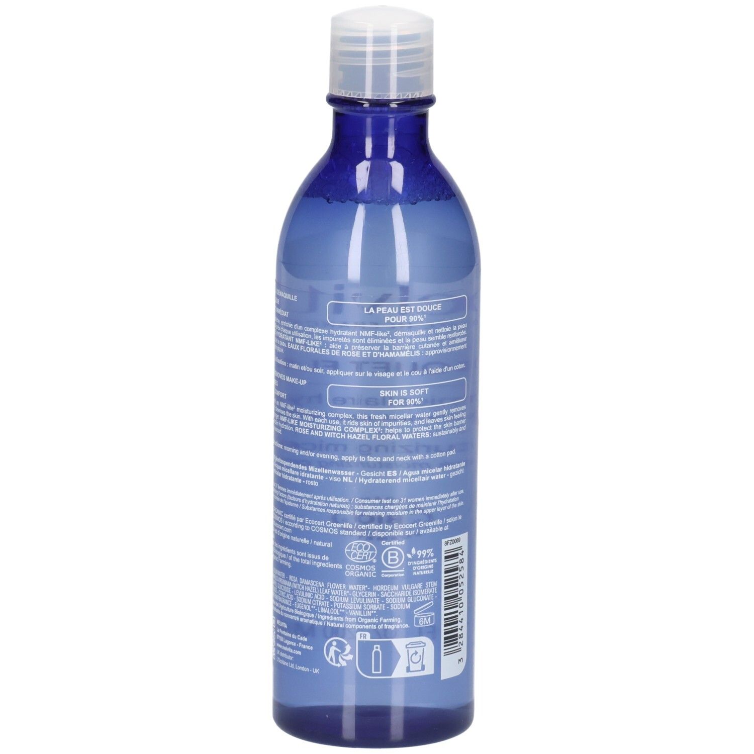 Rückseite der Melvita Eau Micellaire Douce Détox Flasche mit BIO-Siegel und Anwendungshinweisen.