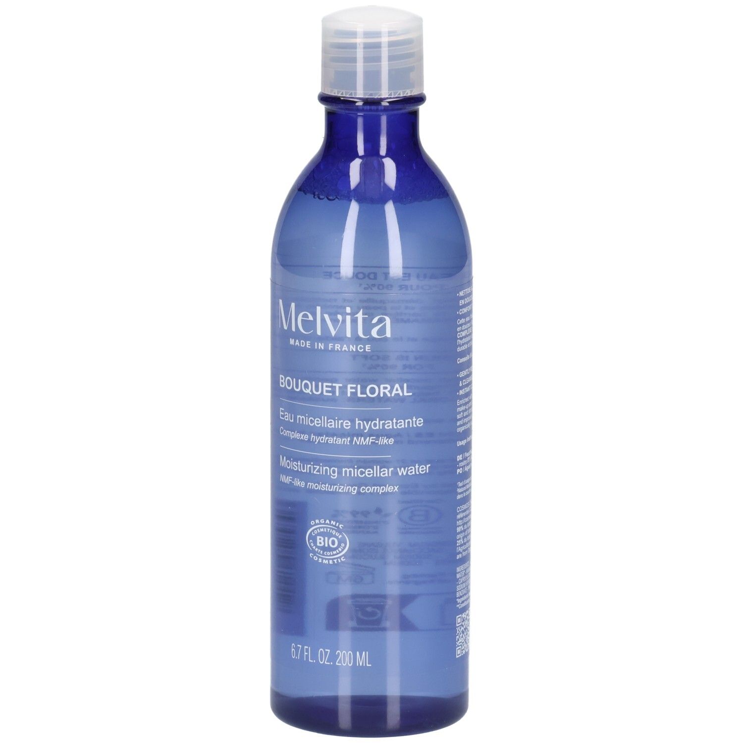 Melvita Eau Micellaire Douce Détox, blaue Flasche mit weißem Verschluss. Enthält BIO-Siegel.
