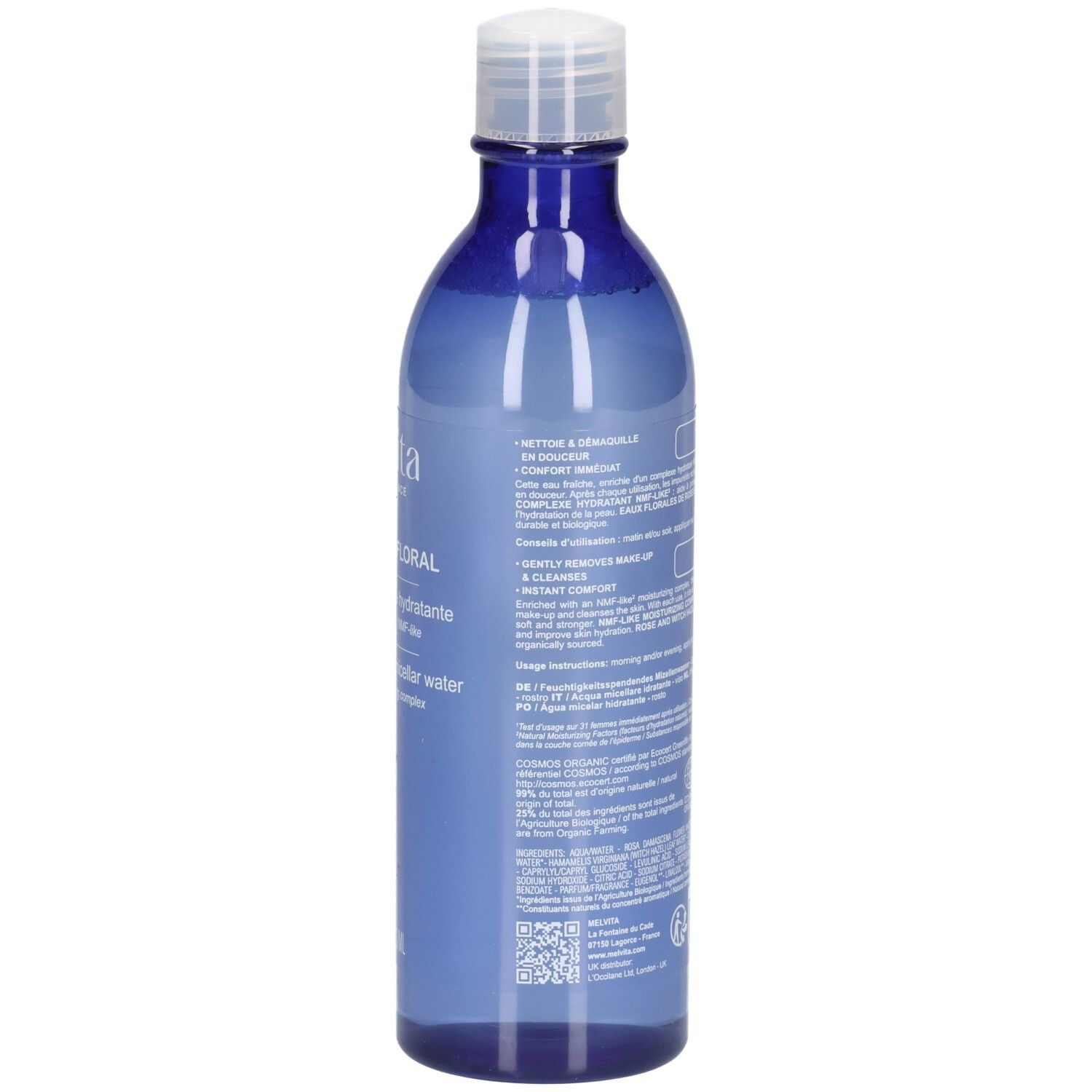Rückseite der Melvita Eau Micellaire Douce Détox Flasche mit Anwendungshinweisen und Inhaltsstoffen.
