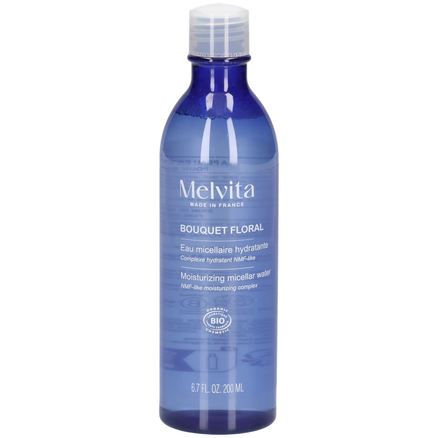 Melvita Eau Micellaire Douce Détox, blaue Flasche mit weißem Verschluss. Enthält BIO-Siegel.