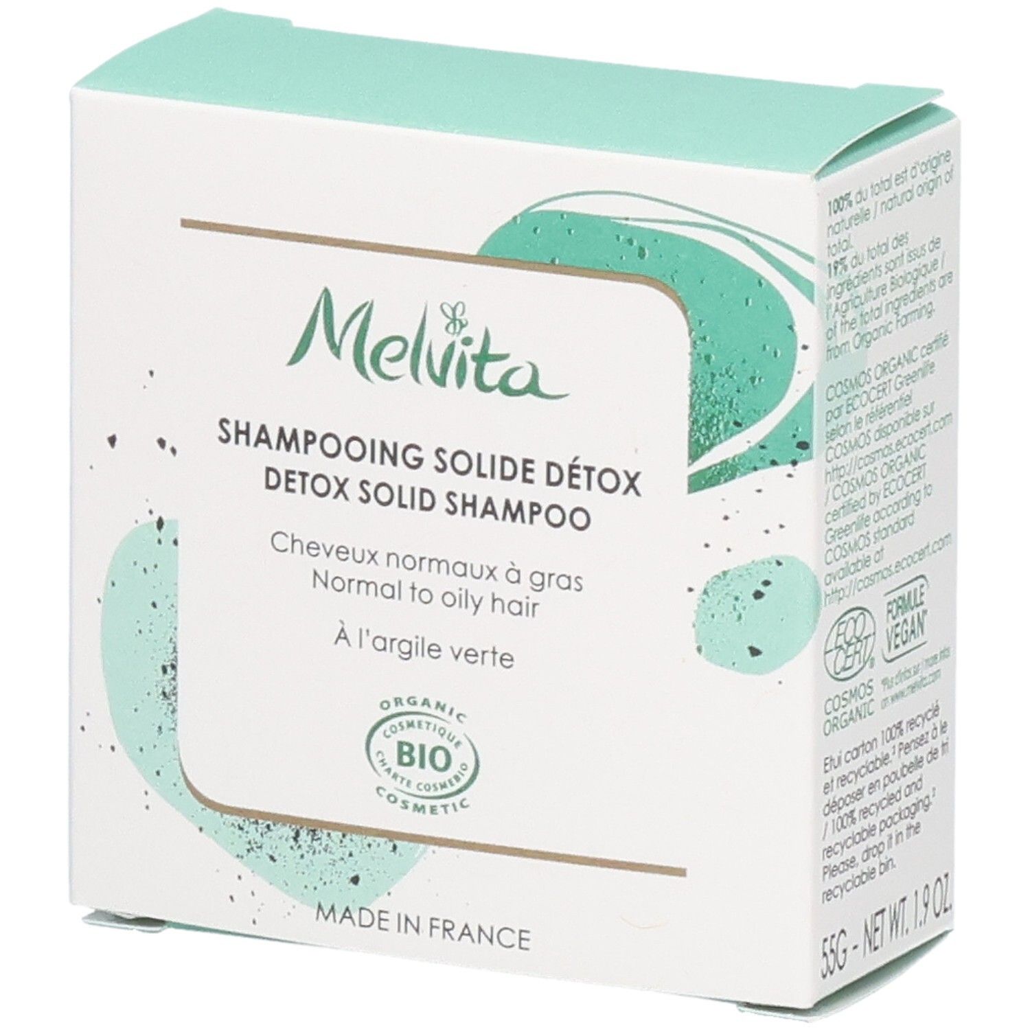 Boîte de shampoing solide détox Melvita avec label BIO et mention "Made in France".