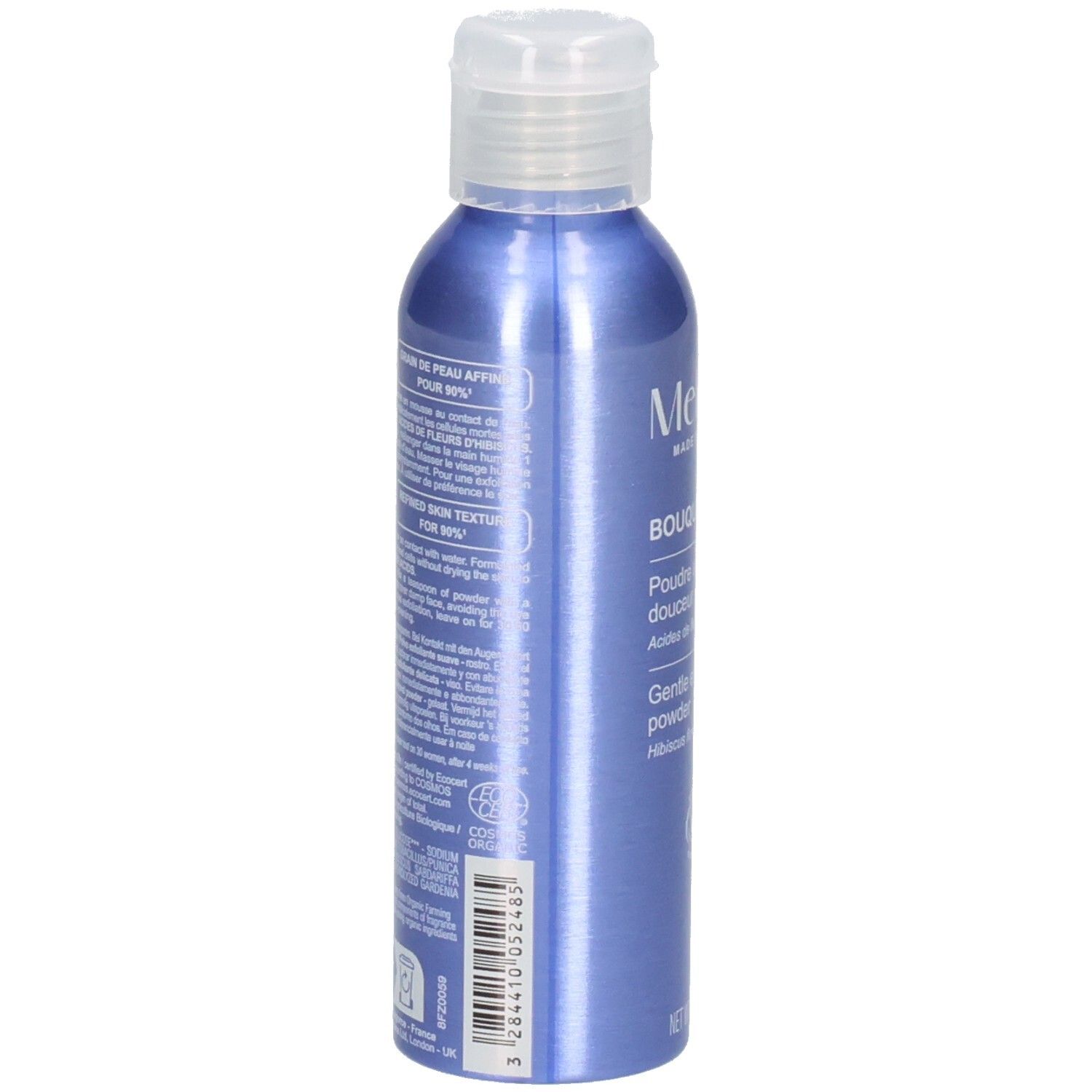 Rückseite der blauen Flasche mit Melvita sanftem Peeling-Puder, 30g.