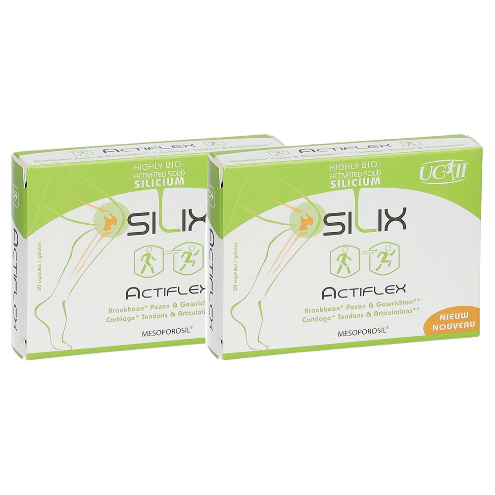 Zwei grüne Schachteln mit "Silix Actiflex"-Logo und Produktinformationen. Aufschrift "Nieuw Nouveau".