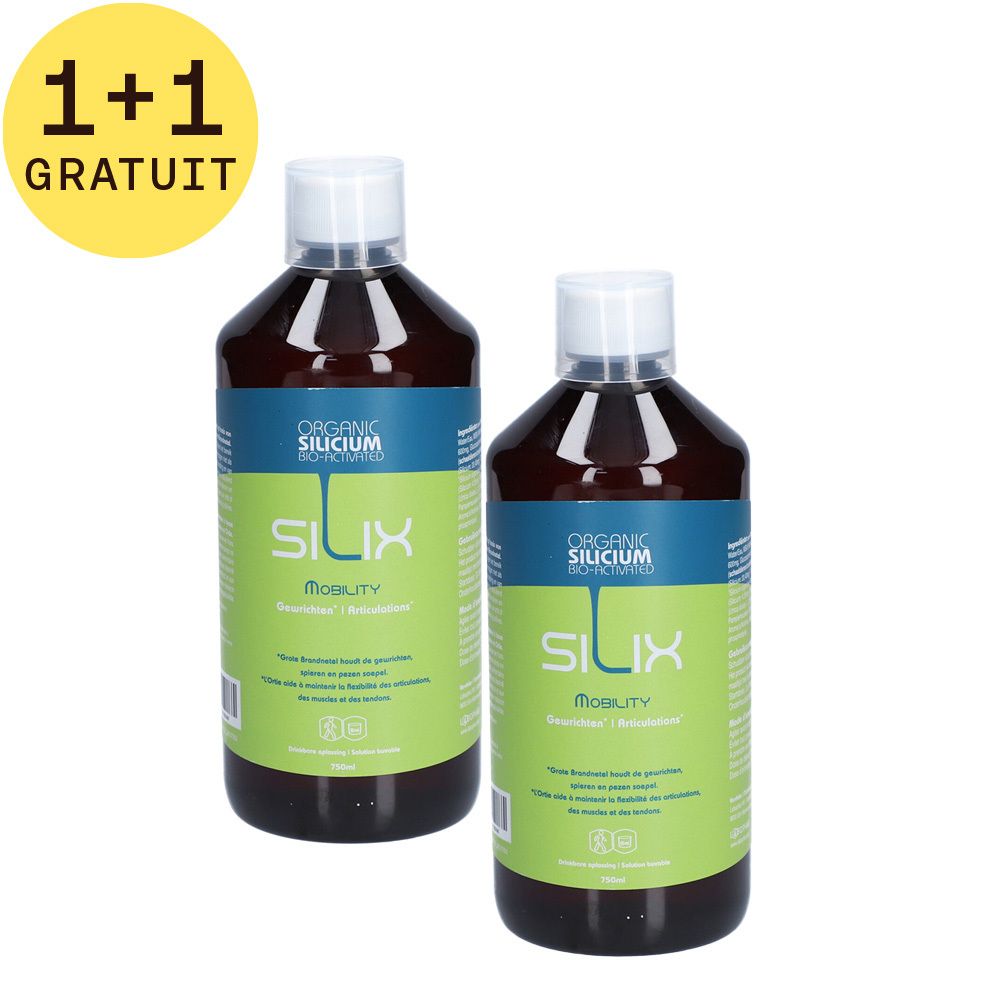 Deux flacons de Silix Mobility avec autocollant '1+1 GRATUIT'. Liquide brun dans bouteilles transparentes avec bouchons blancs. Étiquette verte et bleue.
