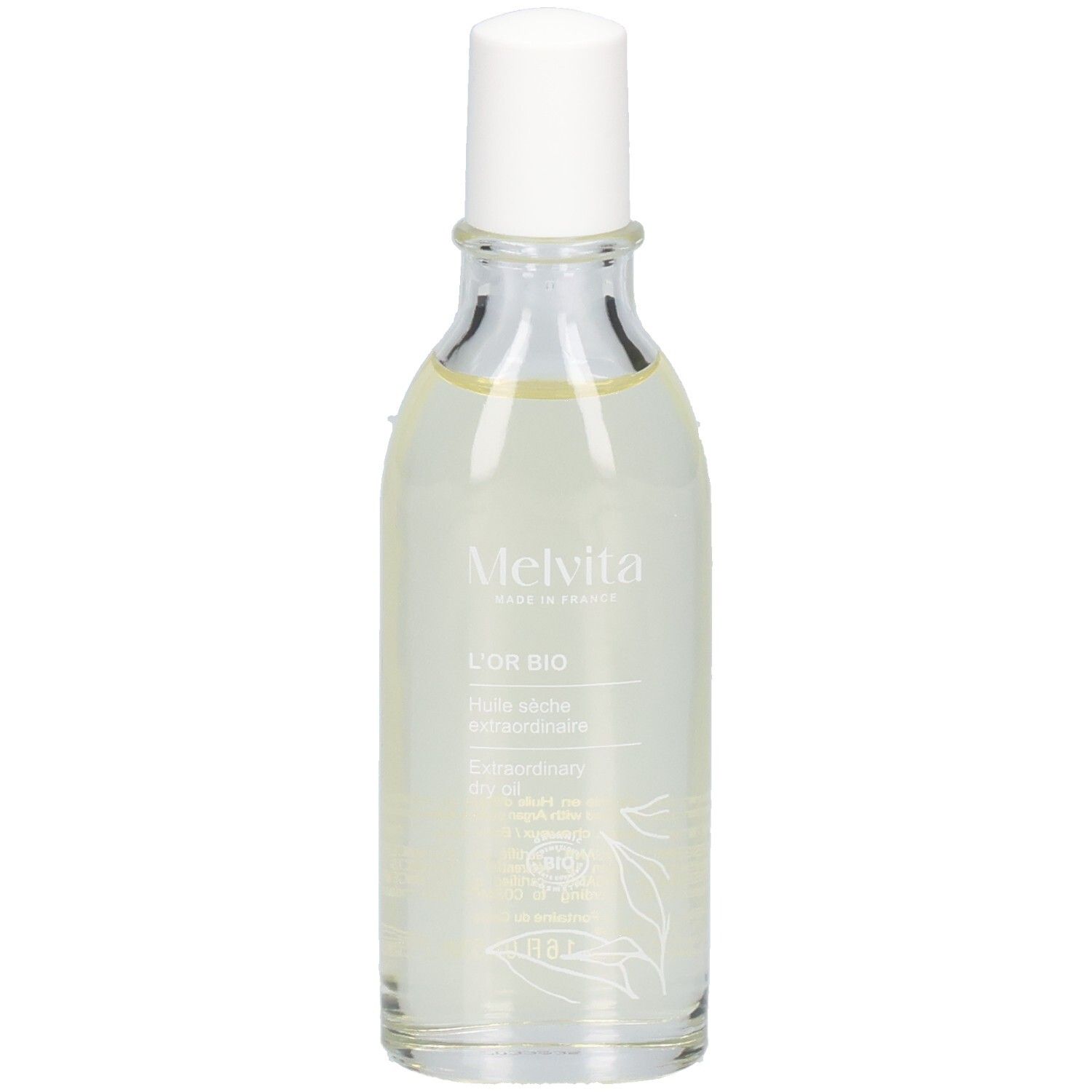 Melvita Flasche mit hellem Öl und weißem Verschluss.
