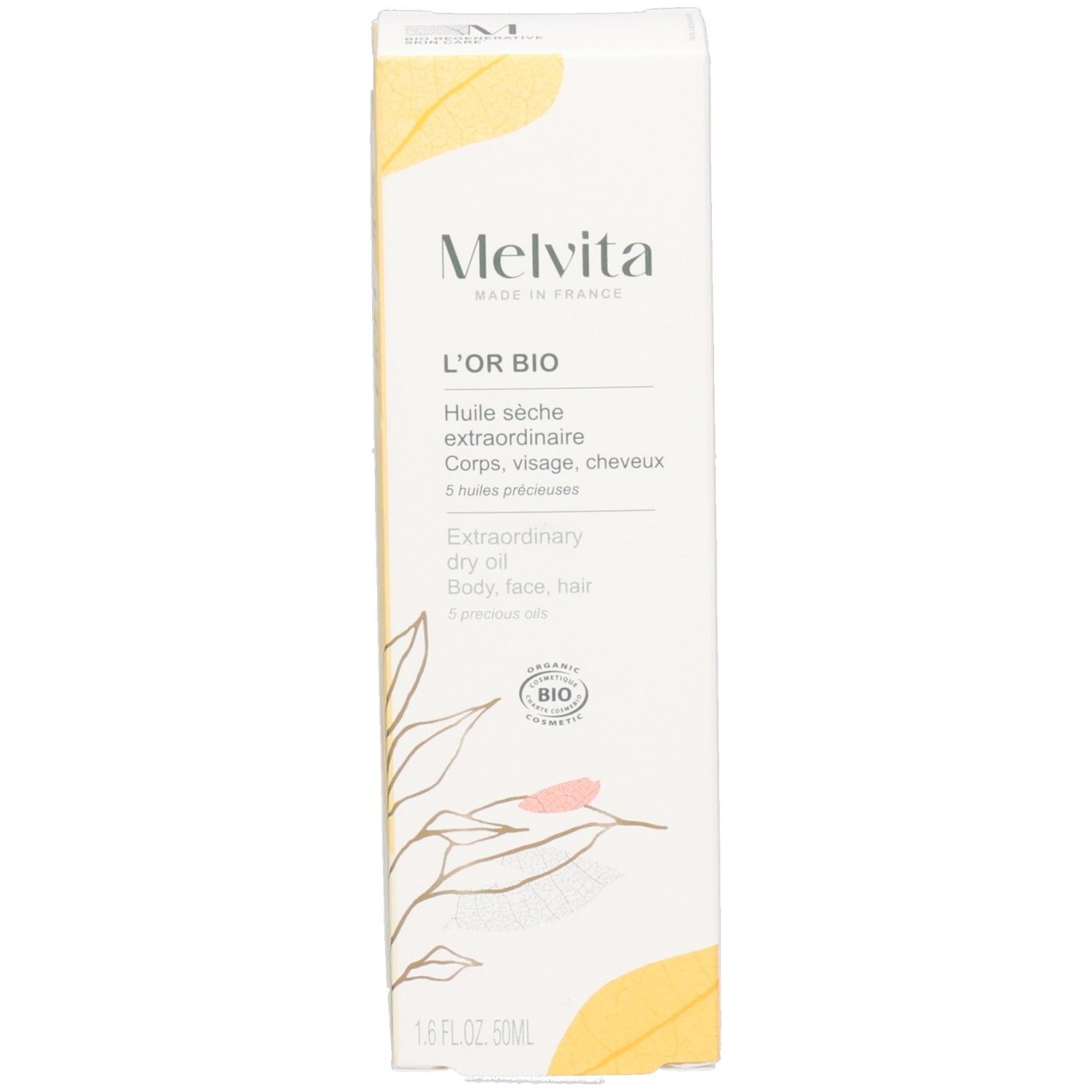 Melvita Schachtel mit Blattmotiv, zeigt Produktinformationen.
