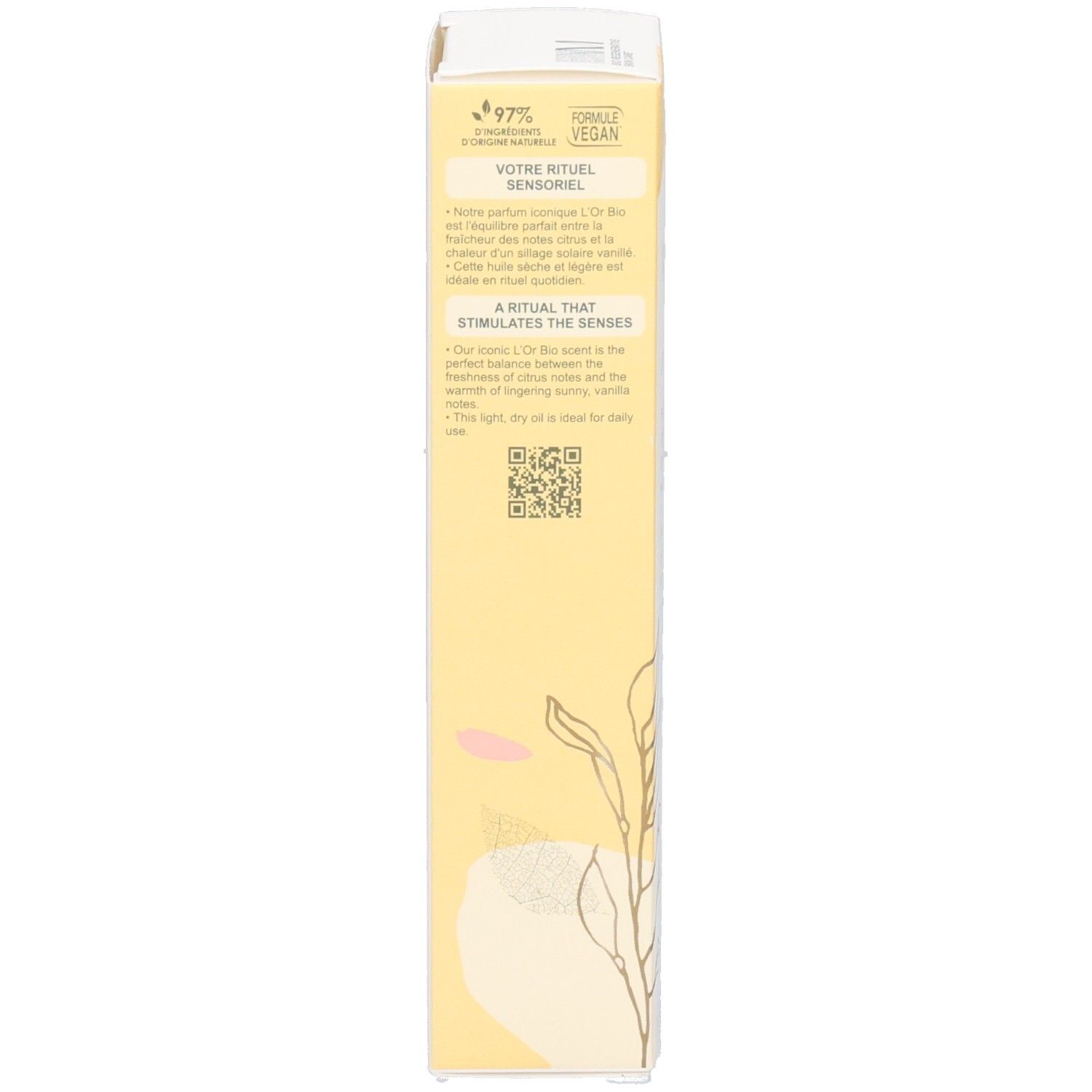 Melvita Schachtel mit Produktinformationen und QR-Code.