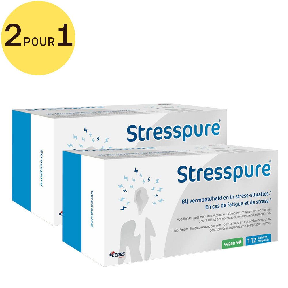 Deux boîtes blanches avec accent bleu. Inscription "Stresspure". Texte en néerlandais et français. Label végan. Cercle "2 pour 1".