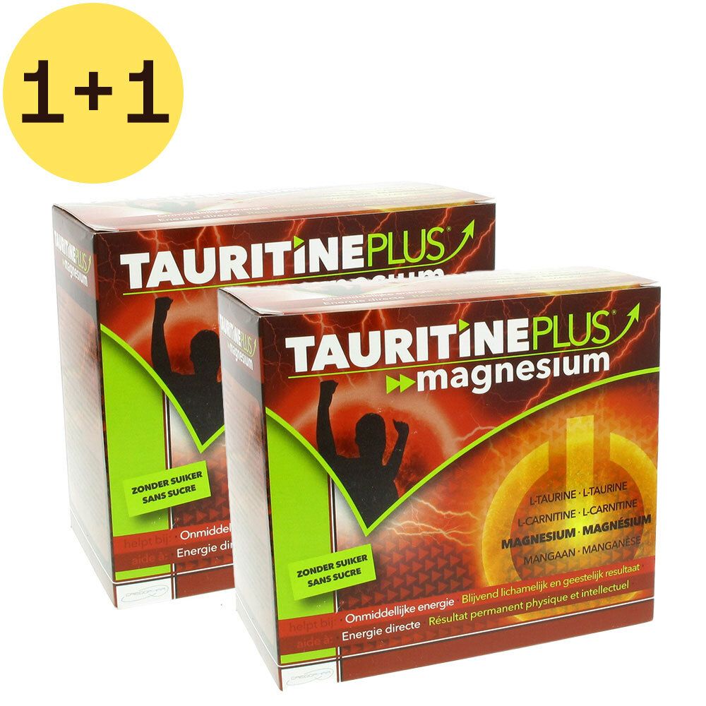Zwei Packungen Tauritine Plus Magnesium. Aufschrift: Tauritine Plus Magnesium, ohne Zucker. Gelber Kreis mit "1+1".