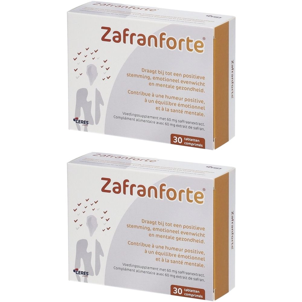 Zwei Schachteln Zafranforte. Weiße Verpackung mit braunen Akzenten. Aufschrift Zafranforte. Text in Niederländisch und Französisch. 30 Tabletten.
