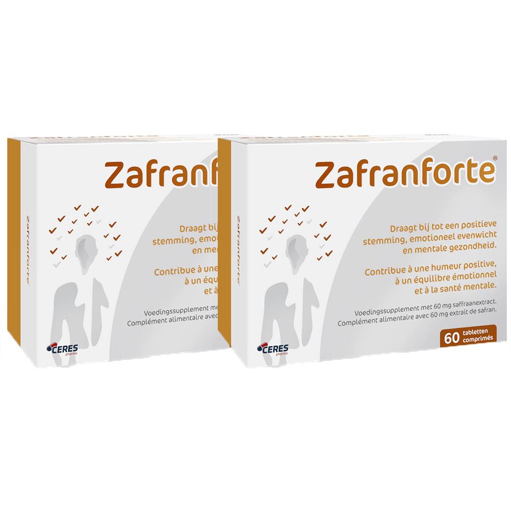 Zwei weiße Schachteln mit dem Aufdruck "Zafranforte". Aufdrucke in mehreren Sprachen. 60 Tabletten. Marke Ceres.