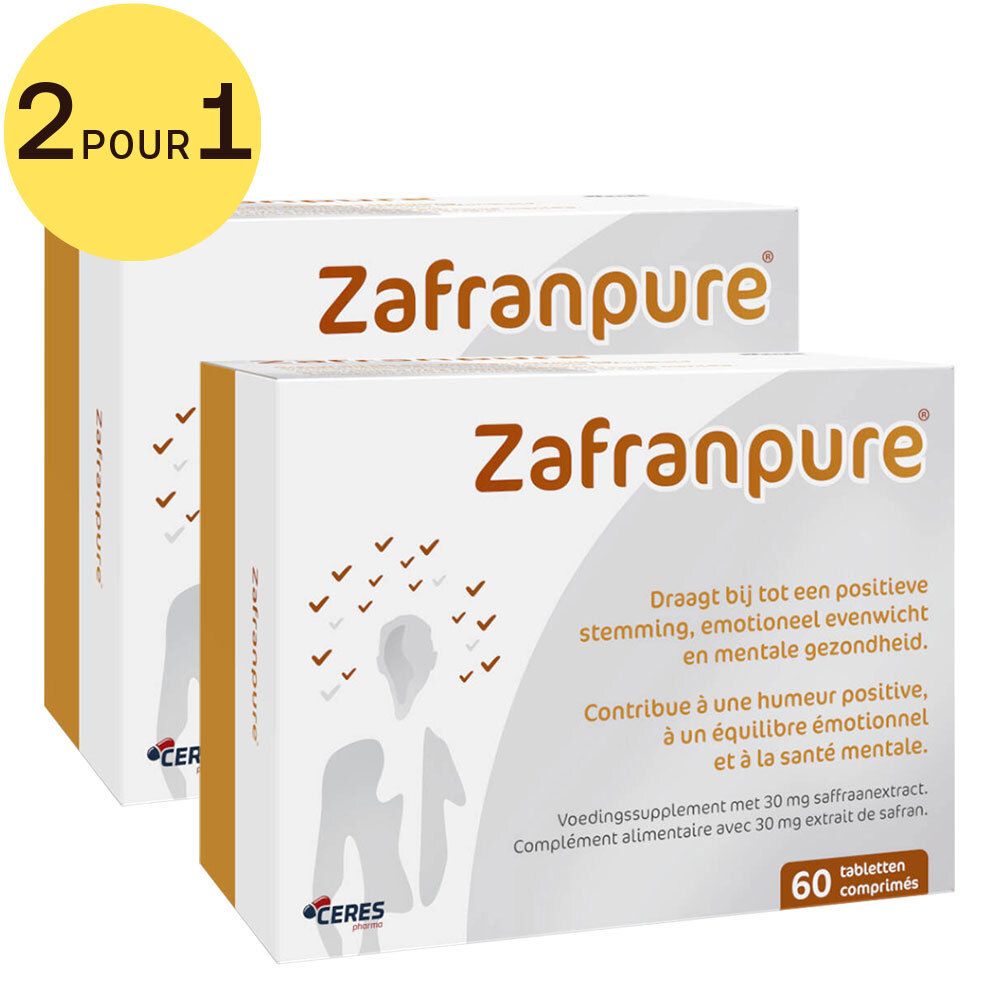 Deux boîtes de Zafranpure®. Boîtes blanches avec texte et illustrations marron. Texte en néerlandais et français. 60 comprimés. Autocollant jaune: 2 pour 1.