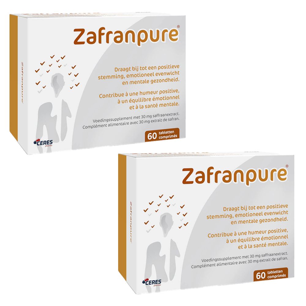 Zwei Zafranpure®-Verpackungen. Weiße Schachteln mit brauner Schrift und Illustrationen. Text in Niederländisch und Französisch. 60 Tabletten.