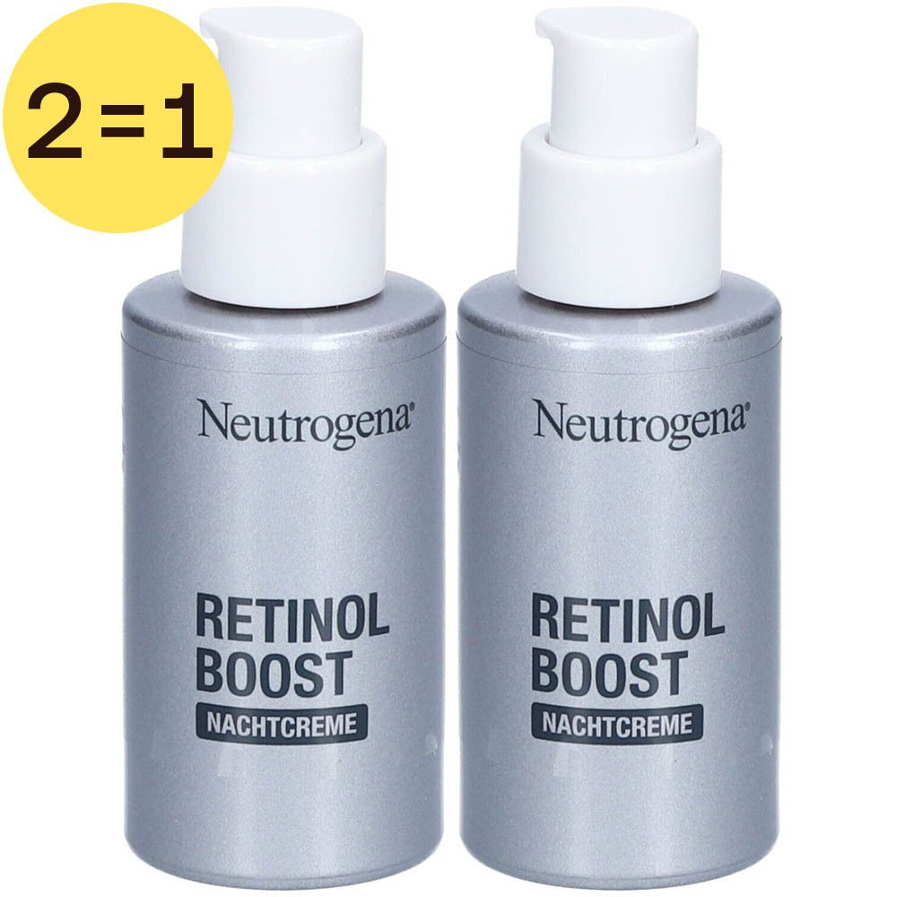 Zwei Flaschen Neutrogena Retinol Boost Nachtcreme mit Dosierpumpe. Aufkleber: 2=1.
